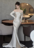 Mermaid Off The Shoulder Long Sleeves Wedding Dresses Ivory Brides Dress S3826