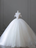 Ball Gown Strapless Tulle White Long Off The Shoulder Wedding Dresses Brides Dress S3829