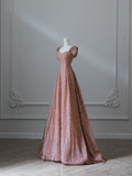 A line Straps Rose Pink Sequin Long Prom Dresses Evening Gowns S3832