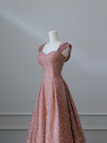 A line Straps Rose Pink Sequin Long Prom Dresses Evening Gowns S3832