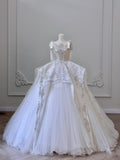 Ball Gown Straps Tulle White Sequin Lace Wedding Dresses Brides Dress S3837