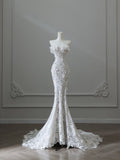 Mermaid Strapless White Lace Long Wedding Dresses Brides Dress S3838