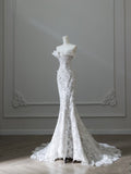 Mermaid Strapless White Lace Long Wedding Dresses Brides Dress S3838