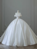 Ball Gown Off The Shoulder Satin White Long Wedding Dresses Brides Dress S3841