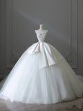 Ball Gown Strapless Satin White Long Wedding Dresses Brides Dress S3842