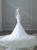 Mermaid Scoop Neckline Long Sleeves Wedding Dresses White Brides Dress S3844
