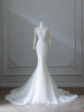 Mermaid Scoop Neckline Long Sleeves Wedding Dresses White Brides Dress S3844