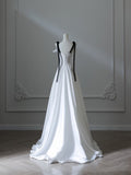 A Line Straps White Satin Long Prom Dresses Evening Gowns S3845