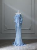 Mermaid Off The Shoulder Blue Sequin Long Prom Dresses Evening Gowns S3847
