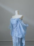 Mermaid Off The Shoulder Blue Sequin Long Prom Dresses Evening Gowns S3847