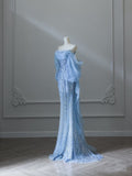 Mermaid Off The Shoulder Blue Sequin Long Prom Dresses Evening Gowns S3847