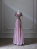 A line V Neckline Pink Sequin Long Prom Dresses Evening Gowns S3849