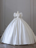 Ball Gown High Neckline Lace Satin Long Sleeves Wedding Dresses Brides Dress S3853