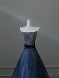 A line Strapless Navy Blue Tulle Long Prom Dresses Evening Gowns S3857