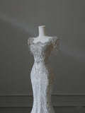 Mermaid Square Neckline Short Sleeves Wedding Dresses White Brides Dress S3859