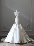 Mermaid Strapless Ivory Satin Wedding Dresses Brides Dress S3860