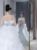 Mermaid Strapless Neckline Long Sequin Feathers Long Wedding Dresses Brides Dress S3861