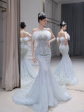 Mermaid Strapless Neckline Long Sequin Feathers Long Wedding Dresses Brides Dress S3861