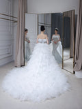 Mermaid Strapless Neckline Long Sequin Feathers Long Wedding Dresses Brides Dress S3861