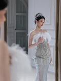 Mermaid Strapless Neckline Long Sequin Feathers Long Wedding Dresses Brides Dress S3861