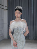 Mermaid Strapless Neckline Long Sequin Feathers Long Wedding Dresses Brides Dress S3861