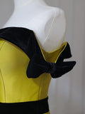 A Line Strapless Satin Yellow Long Prom Dresses Evening Gowns S3869