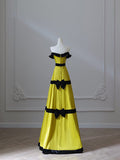 A Line Strapless Satin Yellow Long Prom Dresses Evening Gowns S3869