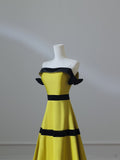 A Line Strapless Satin Yellow Long Prom Dresses Evening Gowns S3869