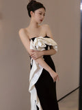 Sheath Strapless Black Satin Long Evening Gowns Prom Dresses SD1836