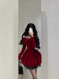 Ball Gown Long Sleeves Velvet Red Short Cocktail Dresses Birthday Outfits SD572