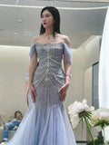 Mermaid Off The Shoulder Blue Tulle Silver Beads Long Prom Dresses Formal Evening Dress SD1399