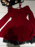 Ball Gown Long Sleeves Velvet Red Short Cocktail Dresses Birthday Outfits SD572