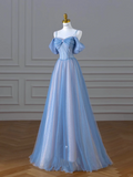 A Line Spaghetti Straps Long Party Dress Blue Prom Dresses SD2449
