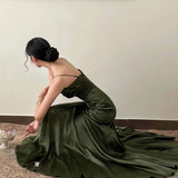 Sheath Spaghetti Straps Floor Length Olive Green Long Party Dresses Birthday Outfits SD433