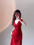 Sheath Straps Red Satin Long Prom Dresses Birthday Outfits SD512