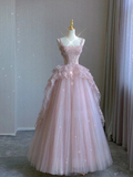 Ball Gown Strapless Pink Long Lace Prom Dresses Formal Evening Dress