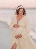 Ivory White Single Breasted Open Front Big Swing Deep V-neck Robe Elegant Wedding Gown Maternity Boho Photoshoot Baby Shower Maxi Dress Maternity