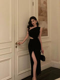 Sheath One Shoulder Black Slit Long Prom Dresses Evening Dress SD410