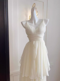 A line Spaghetti Straps White Chiffon Long Ruffles Party Dresses Birthday Dress SD579
