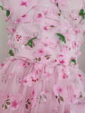 A Line Straps Pink Floral Tulle Lace Prom Dresses Birthday Outfits SD377