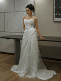 White Mermaid One Shoulder Satin Lace Pleats Wedding Dress SD1738