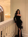 Sheath Off The Shoulder Black Slit Long Sleeves Prom Dresses Birthday Outfits SD405