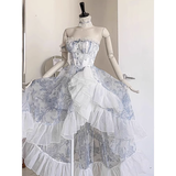 High Low Strapless Floor Length Light Blue Flowers Prom Dresses Birthday Dress SD467