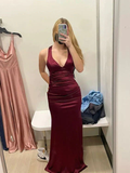 Plunging V- Neckline Long Evening Dress Burgundy Prom Dresses SD1485