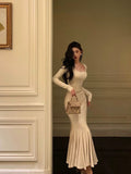 Mermaid Square Neckline Long Sleeves White Long Prom Dresses Birthday Dress SD292