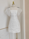 A line Square neckline Tulle White Sequin Party Dress Short Birthday Dresses With Beads SD378