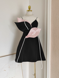 A line Spaghetti Straps Black Satin Short Homecoming Dresses Birthday Outfits SD363