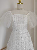 A line Square neckline Tulle White Sequin Party Dress Short Birthday Dresses With Beads SD378