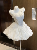Ball Gown Straps White Chiffon Short Cocktail Dresses Birthday Outfits SD573