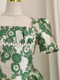 A line Short Sleeves Satin Green Floral Cocktail Dress Short Birthday Outfits SD400